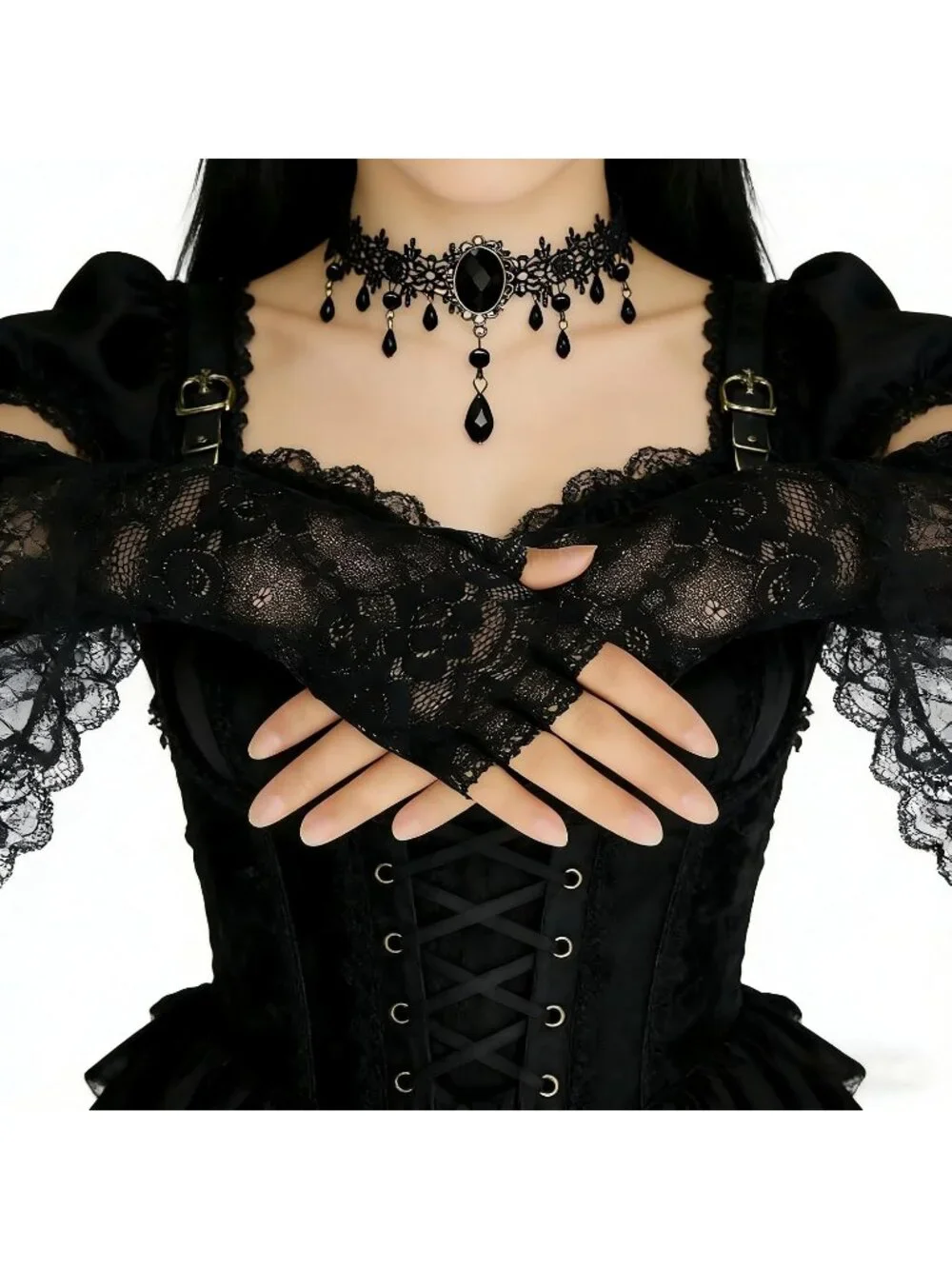 Women's Gothic Lace Fingerless Gloves & Velvet Choker Halloween Set
